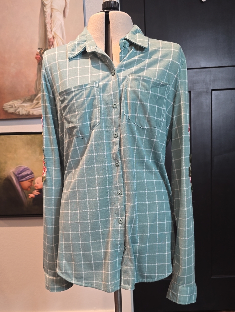 Women’s Plaid Button-Up Shirt Jacket - Light Teal, lightweight knit long sleeves